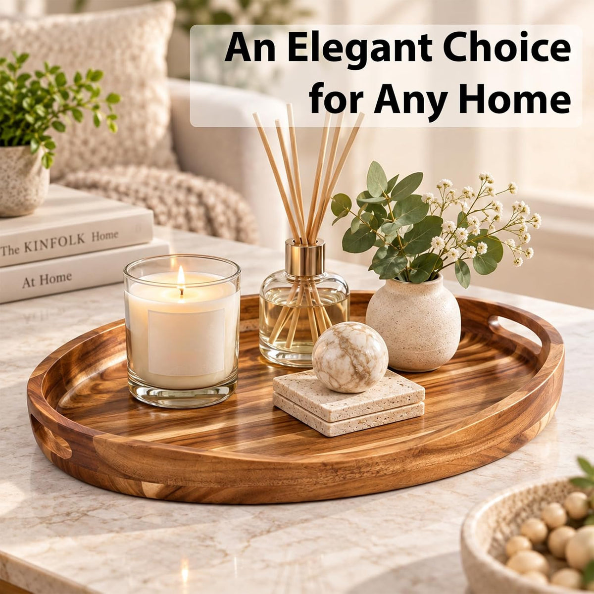 Acacia Wood Serving Tray with Handles - 17"x13" Round, Decorative Ottoman Tray for Living Room, Coffee Table
