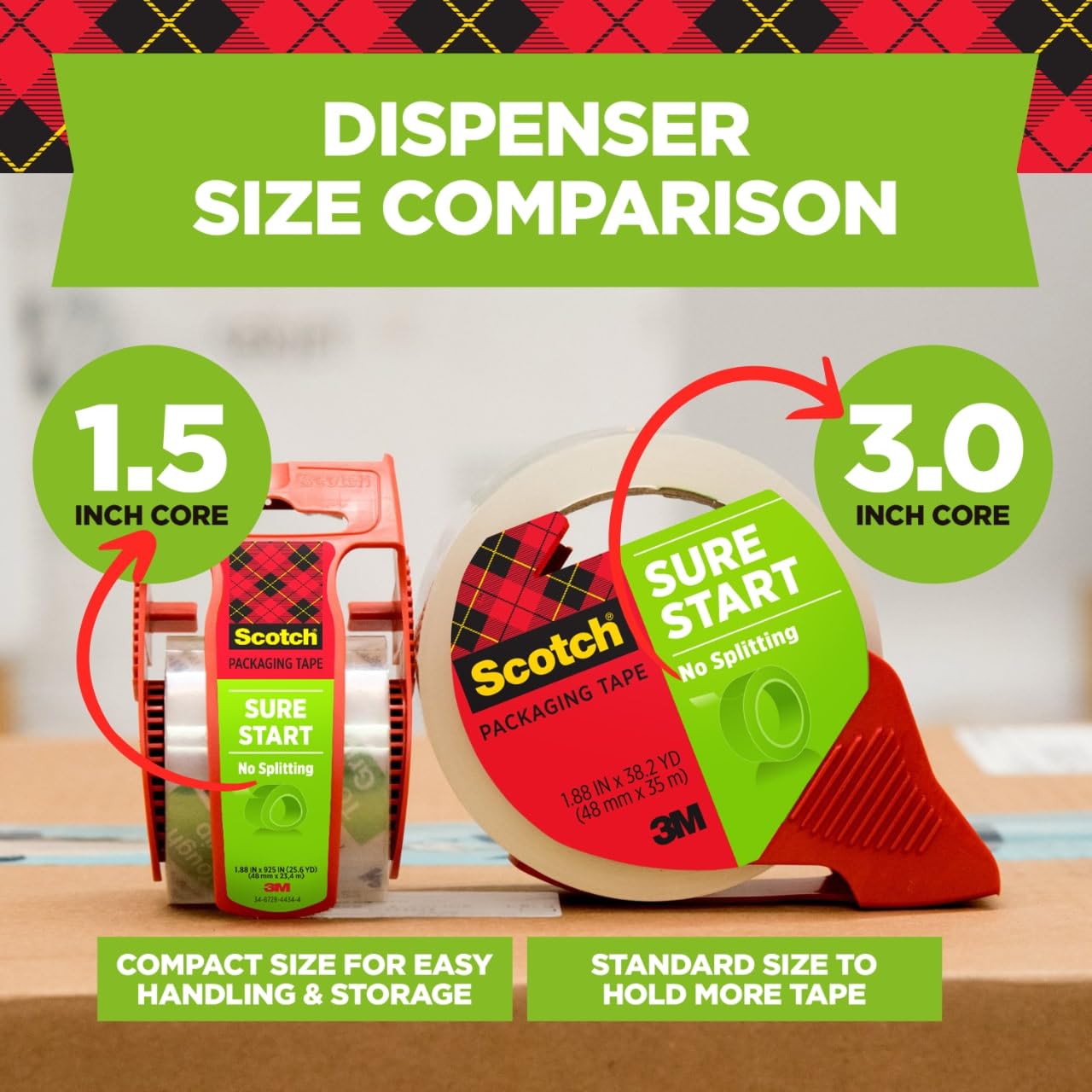 Sure Start Packing Tape, Clear, 1.88 in. x 22.2 yd. | 6 Tape Rolls with Dispensers, Quiet Unwind and Easy Start
