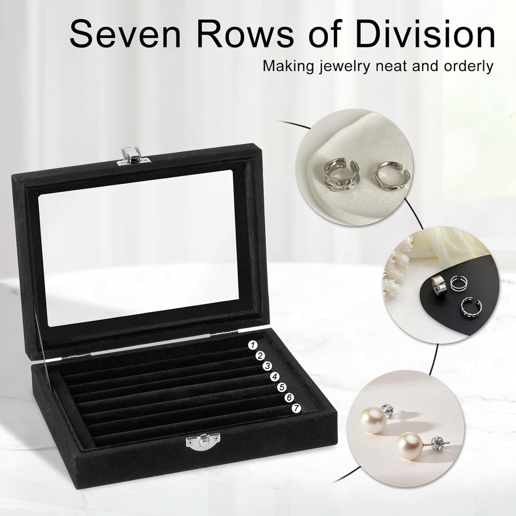 Velvet Ring Organizer Box, 7 Slots Jewelry Holder with Glass Lid Earring Display Tray Storage Case Gift for Women and