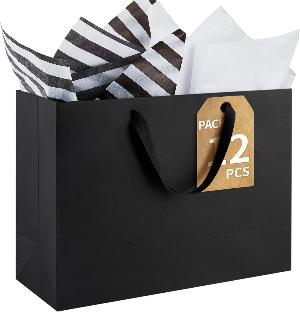 Extra Large Black Gift Bags, 12-Count, 16x6x12 Inch