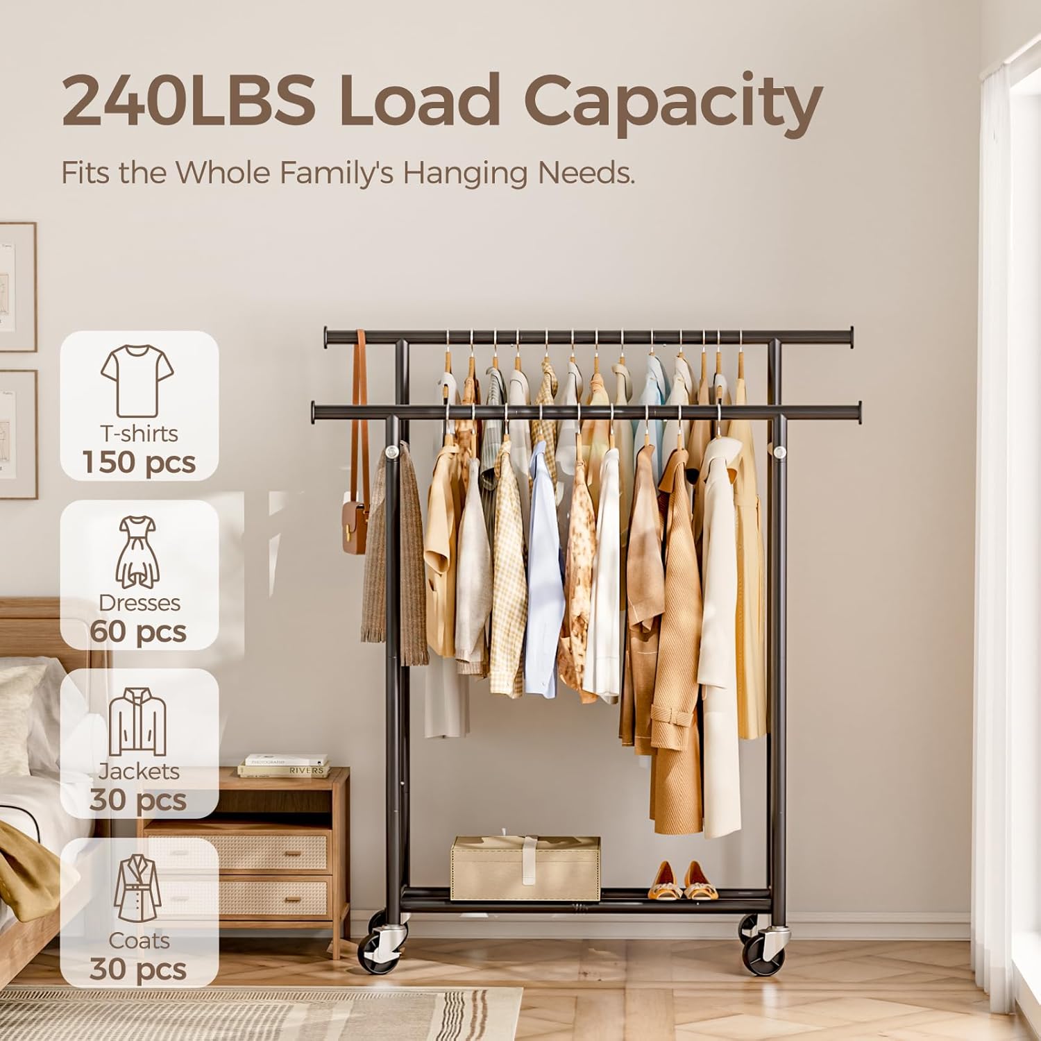 Clothes Rack, Double Rods Rolling Clothing Rack for Hanging Clothes, Portable Garment Rack with Wheels, Coat Rack