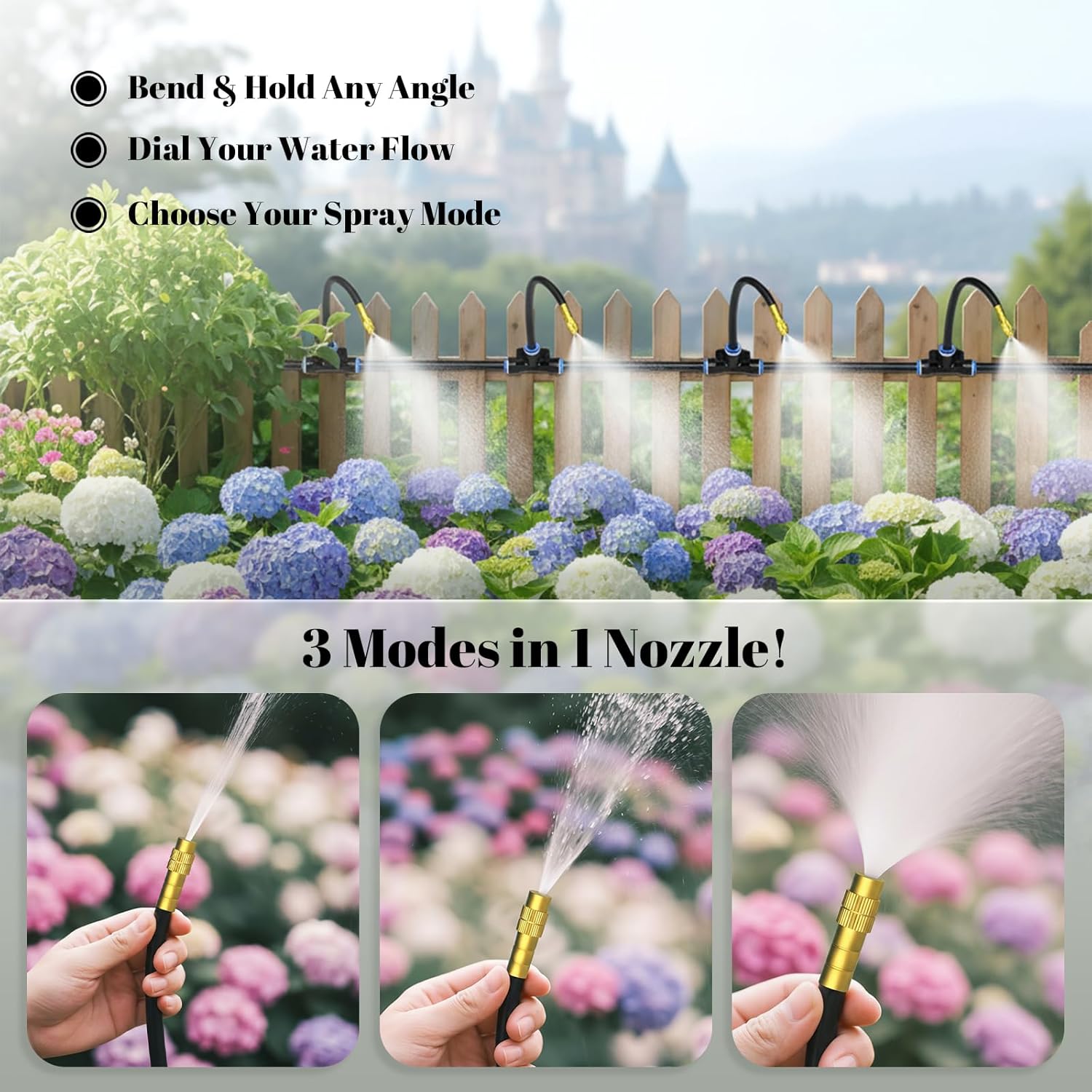 100ft 1/4-Inch Drip Irrigation Kit with 16 Adjustable Copper Nozzles, Automatic Atomizing Watering Sprinkler System
