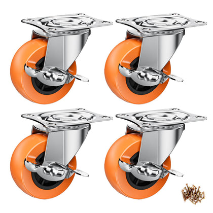2" Plate Casters with Brake, 4 Pack PU Swivel Wheels