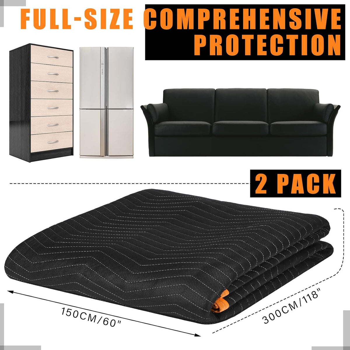 2 Pcs 60'' x 120'' Extra Large Moving Blankets, Black Quilted