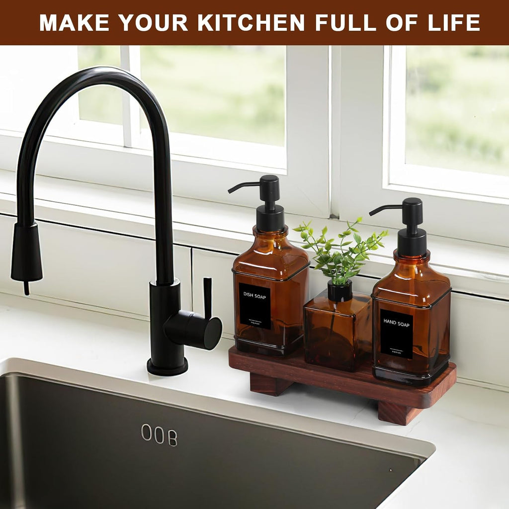 Modern Kitchen Soap Dispenser Set with Wood Tray, Amber Glass Soap Dispensers with Pump, Decorative Hand and Dish