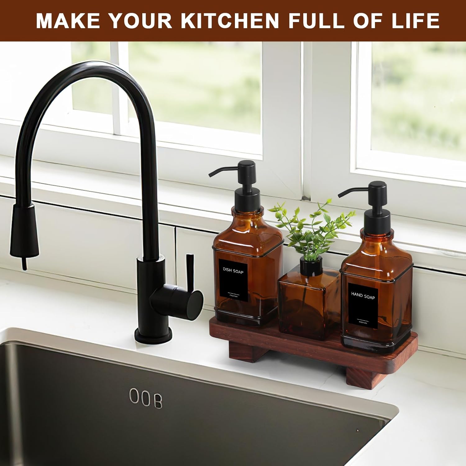 Modern Kitchen Soap Dispenser Set with Wood Tray, Amber Glass Soap Dispensers with Pump, Decorative Hand and Dish