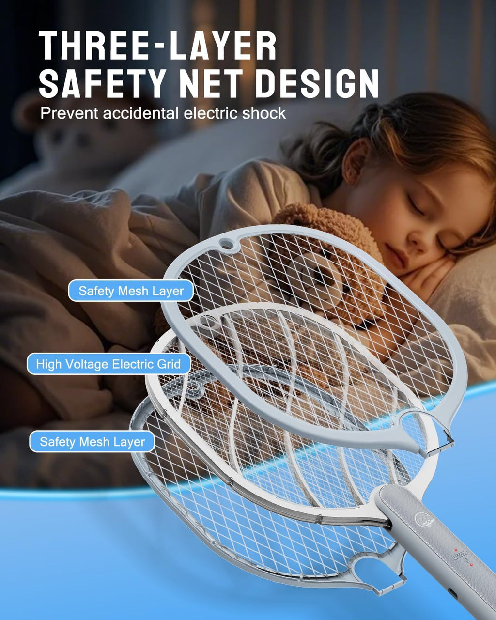 Electric Fly Swatter, 3800V Bug Zapper Racket, Rechargeable 1200mAh Mosquito Killer, 3-Layer Safety Mesh