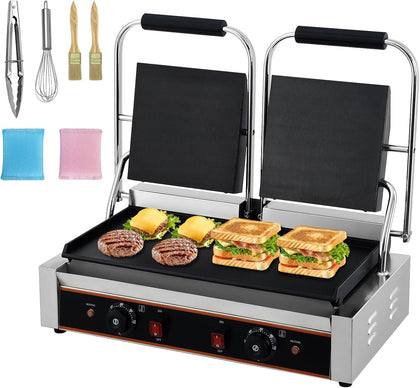 Heavy Duty Commercial Panini Press Grill - 3600W Electric Double Sandwich Maker - 19"x9" Full Flat Smooth Enamel