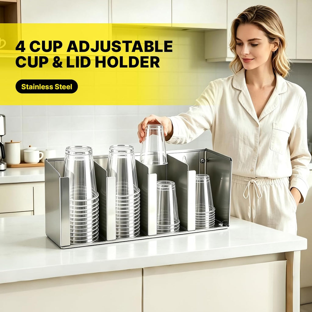 Stainless Steel Cup Dispenser, 4 Compartments Cup & Lid Holder