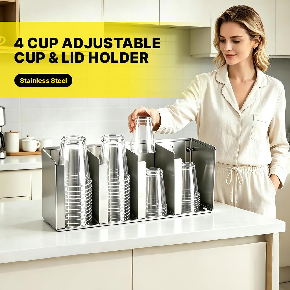 Stainless Steel Cup Dispenser, 4 Compartments Cup & Lid Holder