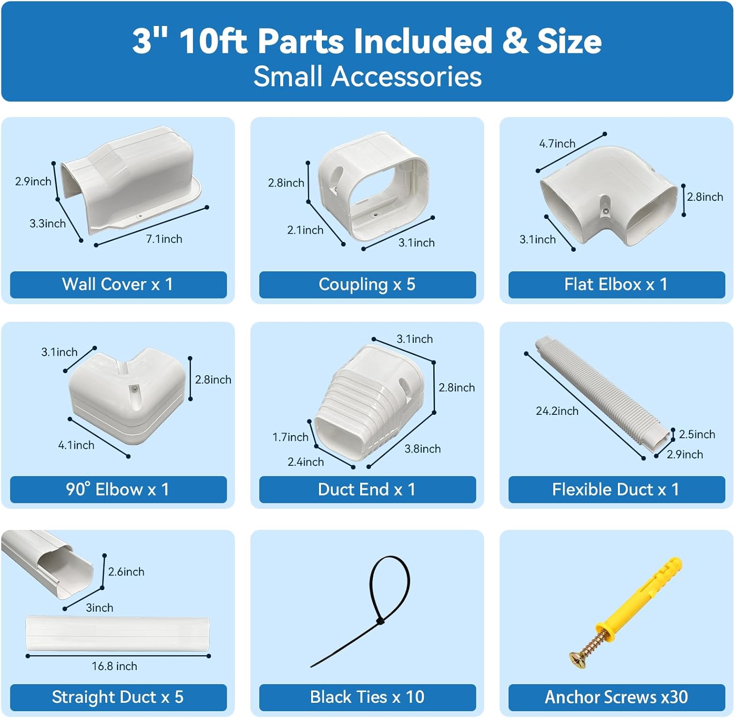 3" 10 Ft Mini Split Line Set Cover Set | with Flexible Duct, PVC Mini Split Cover Kit for Central AC Heat Pumps
