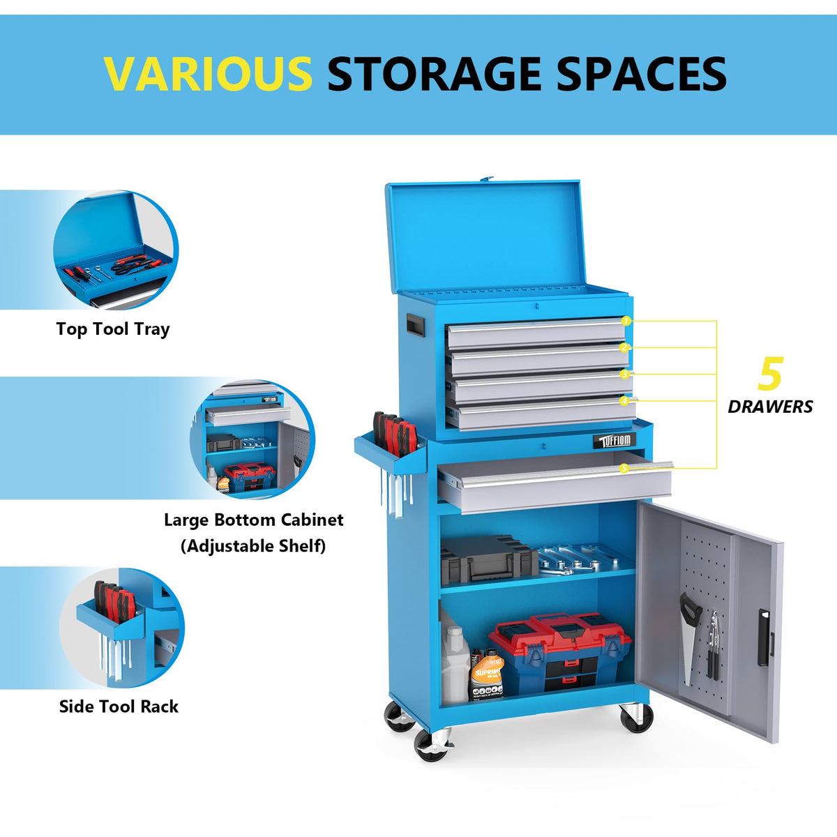 5-Drawer Rolling Tool Chest, Tool Storage Cabinet w/Drawers, Lockable Wheels, Detachable Top & Adjustable Shelf