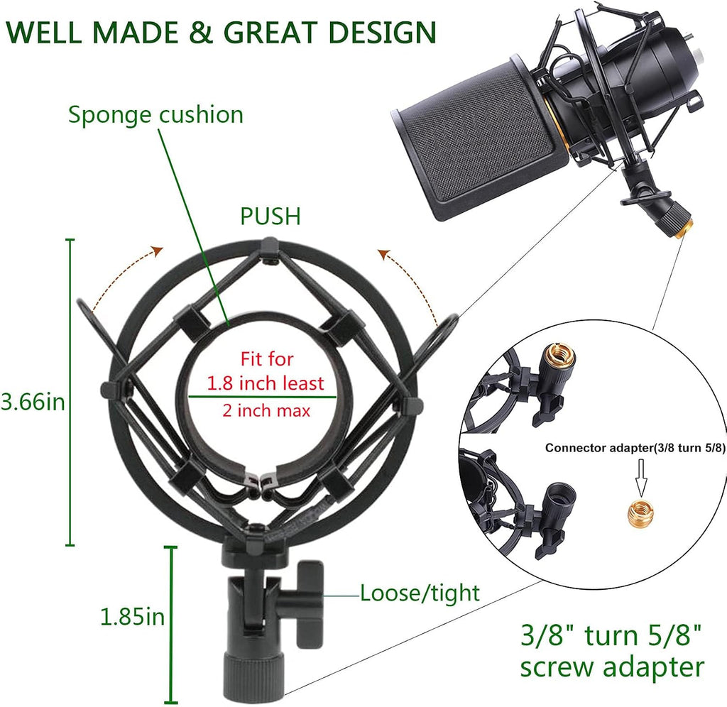 Microphone Shock Mount with Pop Filter, Mic Anti-Vibration Suspension Shock Mount Holder Clip for Diameter 46mm-51mm