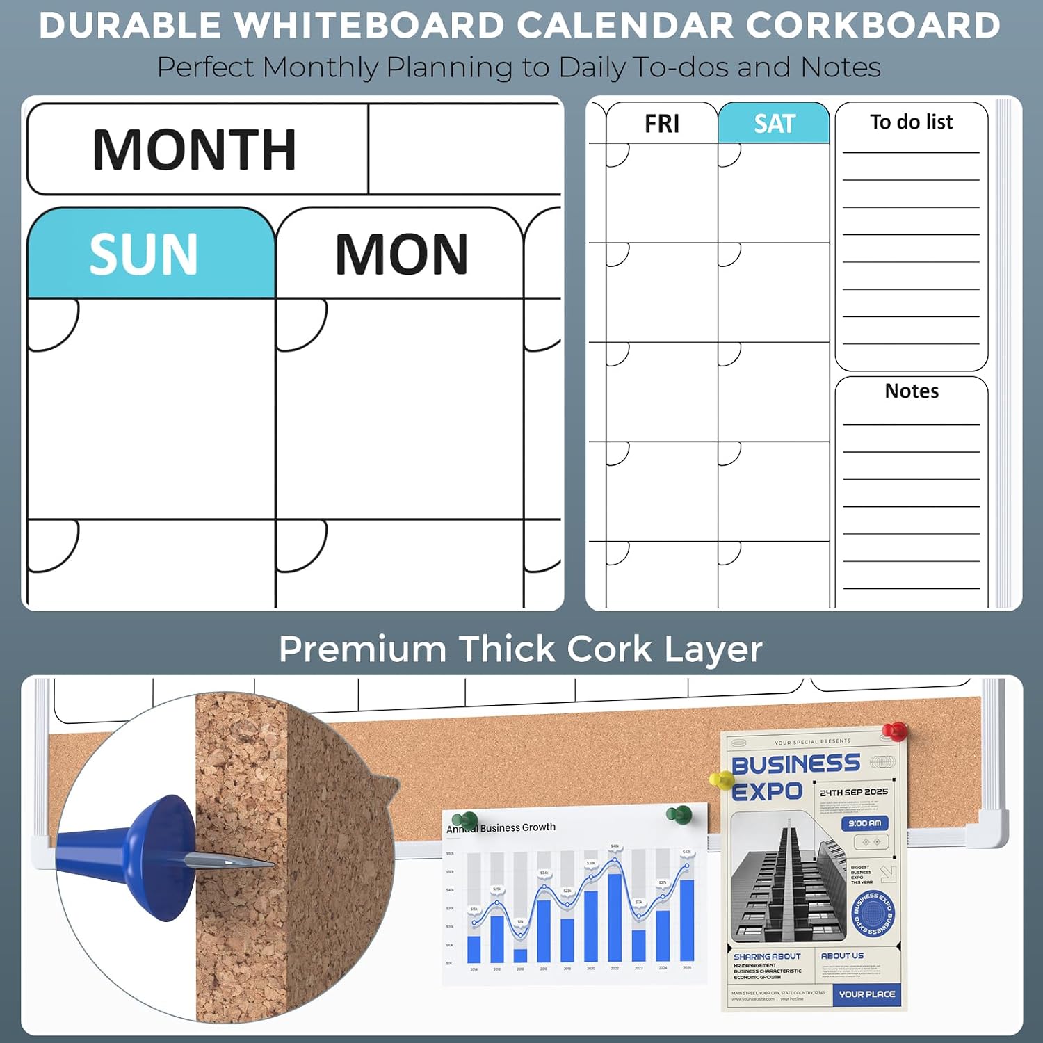 Monthly Calendar Whiteboard for Wall, 24" x 18" Double-Sided White Board Calendar with Bulletin Board, Dry Erase Cork