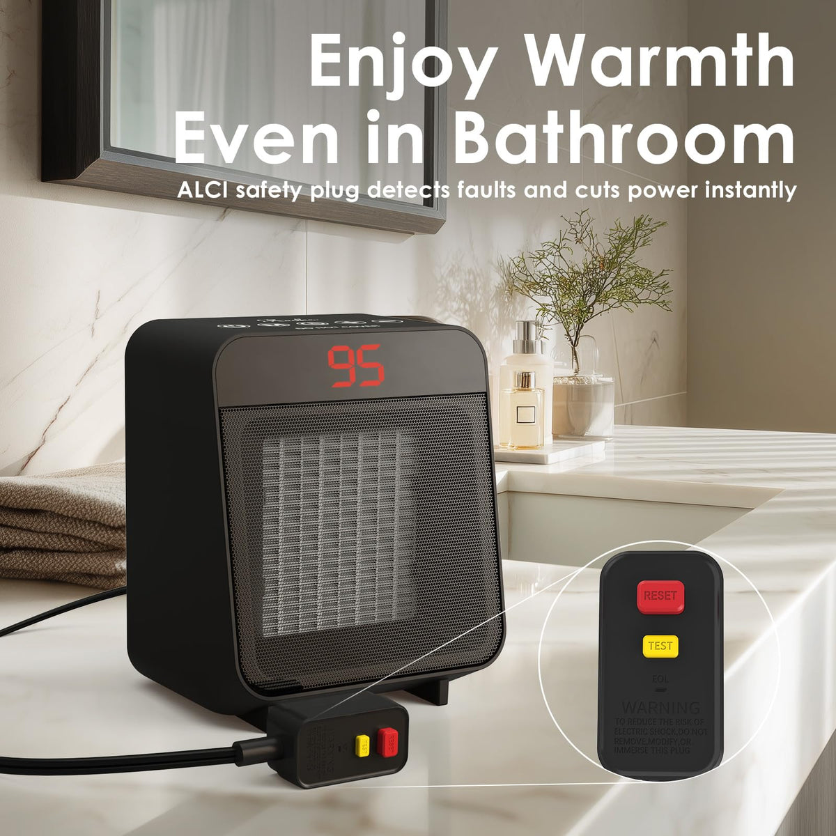 Bathroom Space Heater, 1500W, PTC Ceramic, Black