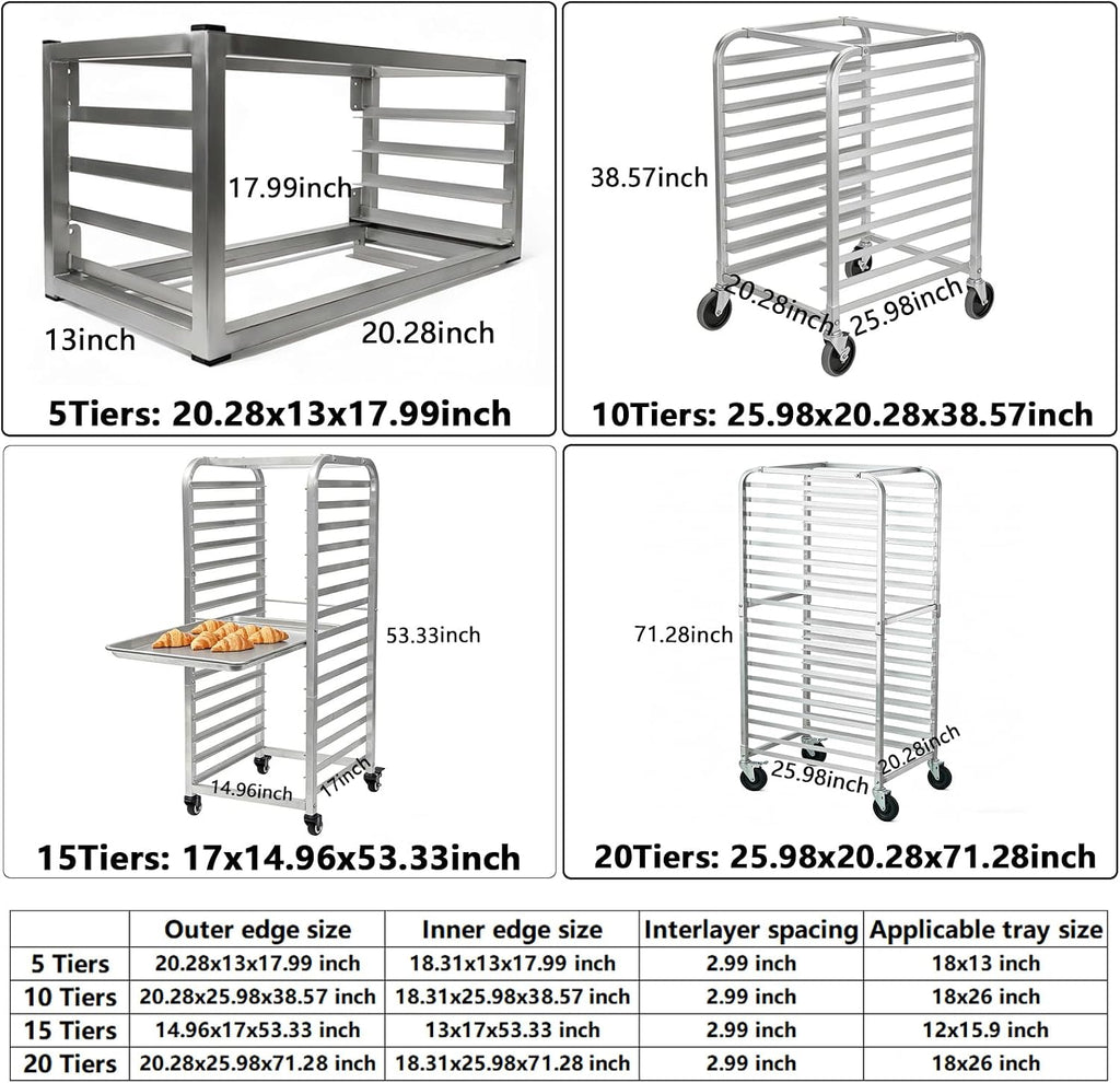 20 Tier Aluminum Bun Pan Rack 20x26x71in Lockable Wheel Trolley