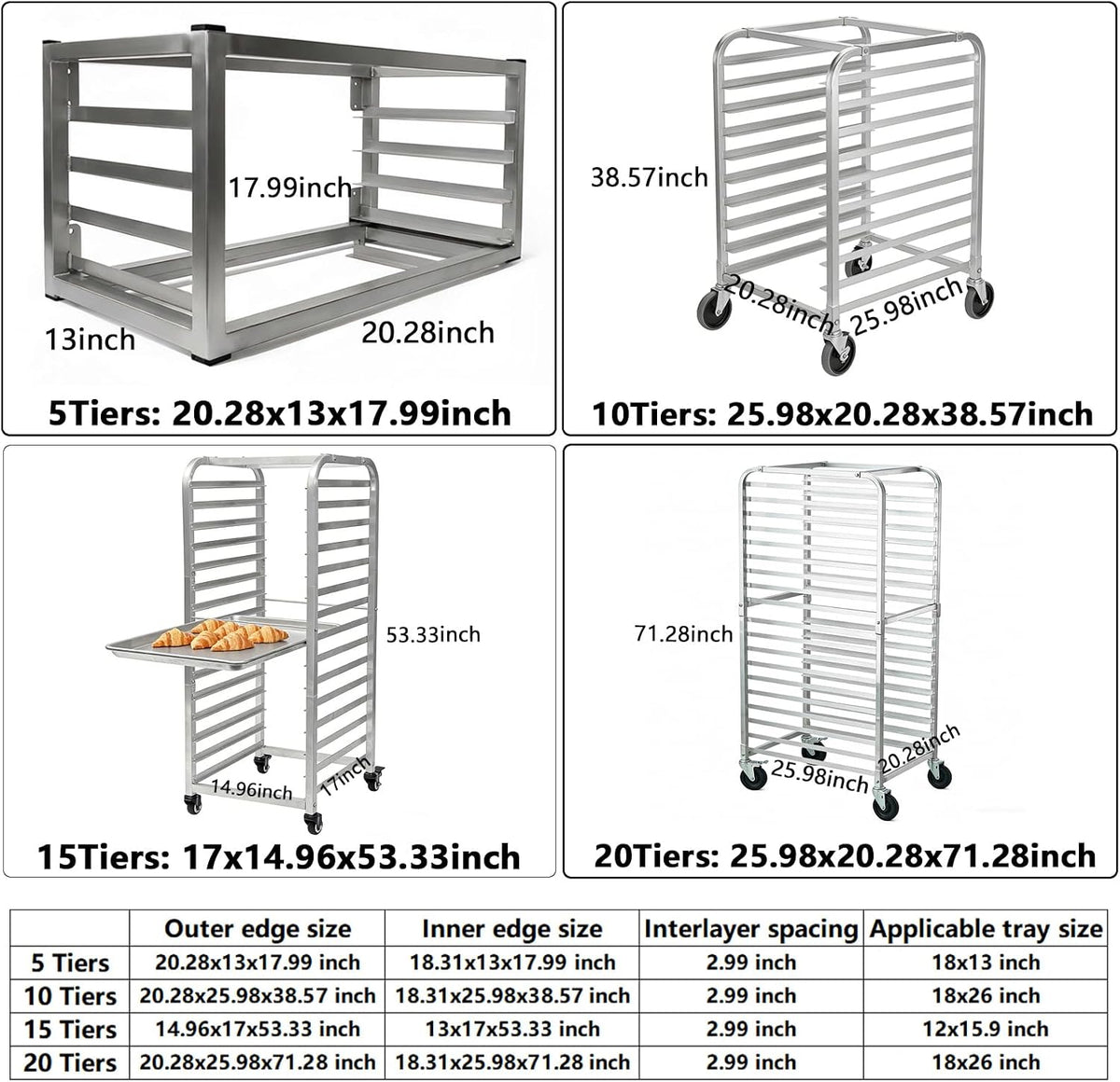 20 Tier Aluminum Bun Pan Rack 20x26x71in Lockable Wheel Trolley