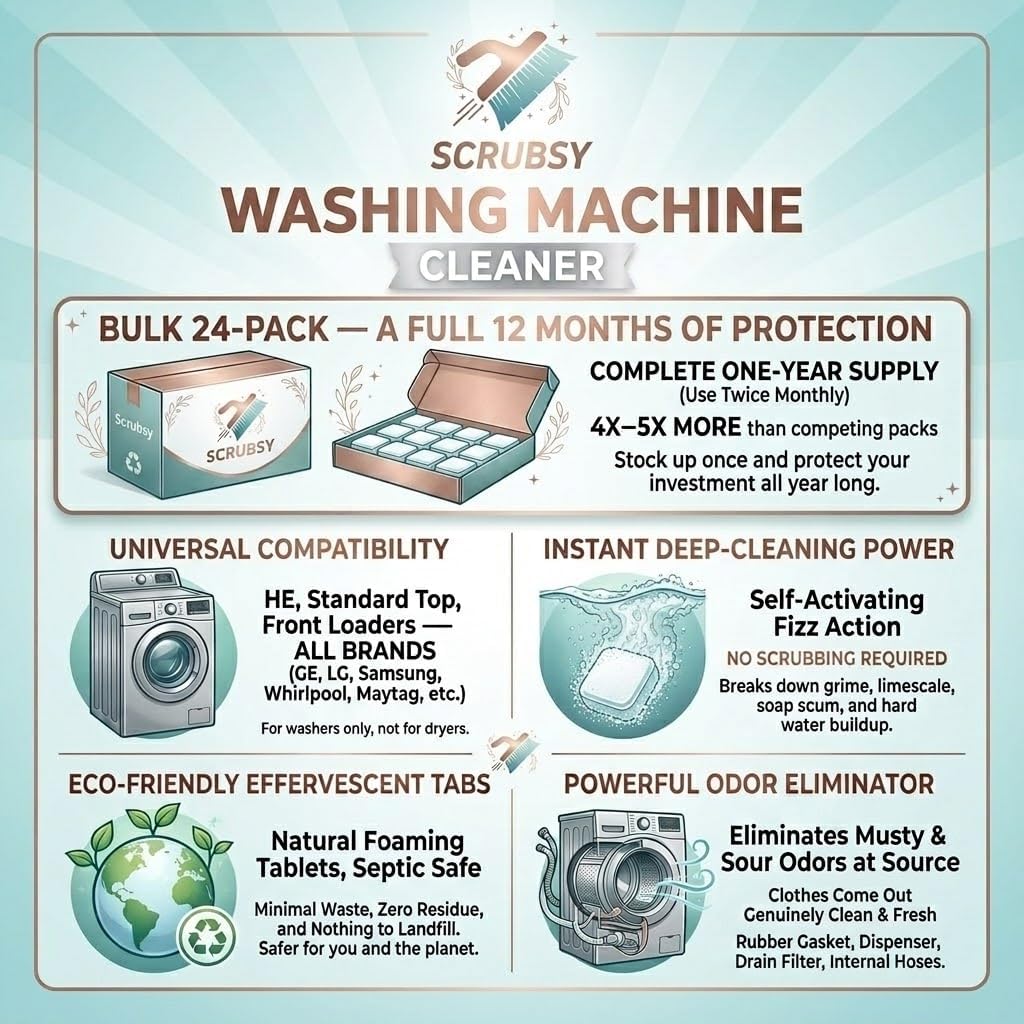 Washing Machine Cleaner Descaler Tablets 24 Pack - Deep Cleaning for Front Loader, Top Load & HE Washers, Septic Safe