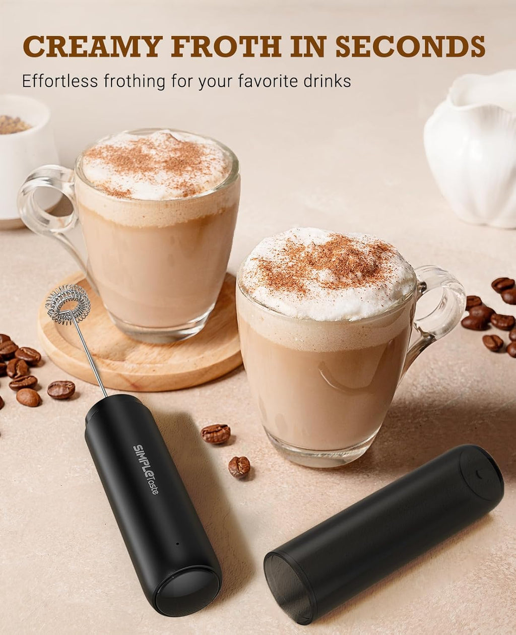 Rechargeable Milk Frother Handheld Dual Coil Whisk Head Mixer | USB-C Portable Hand Frother Wand Drink Mixer for