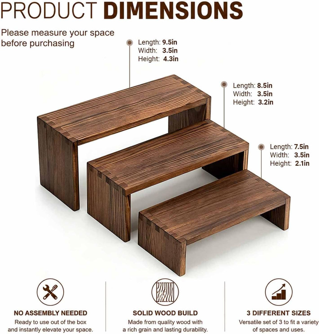 3-Tier Wooden Display Risers, Tiered Display Stand, Shelf Risers for Table Display, Small Wood Display Shelf (1