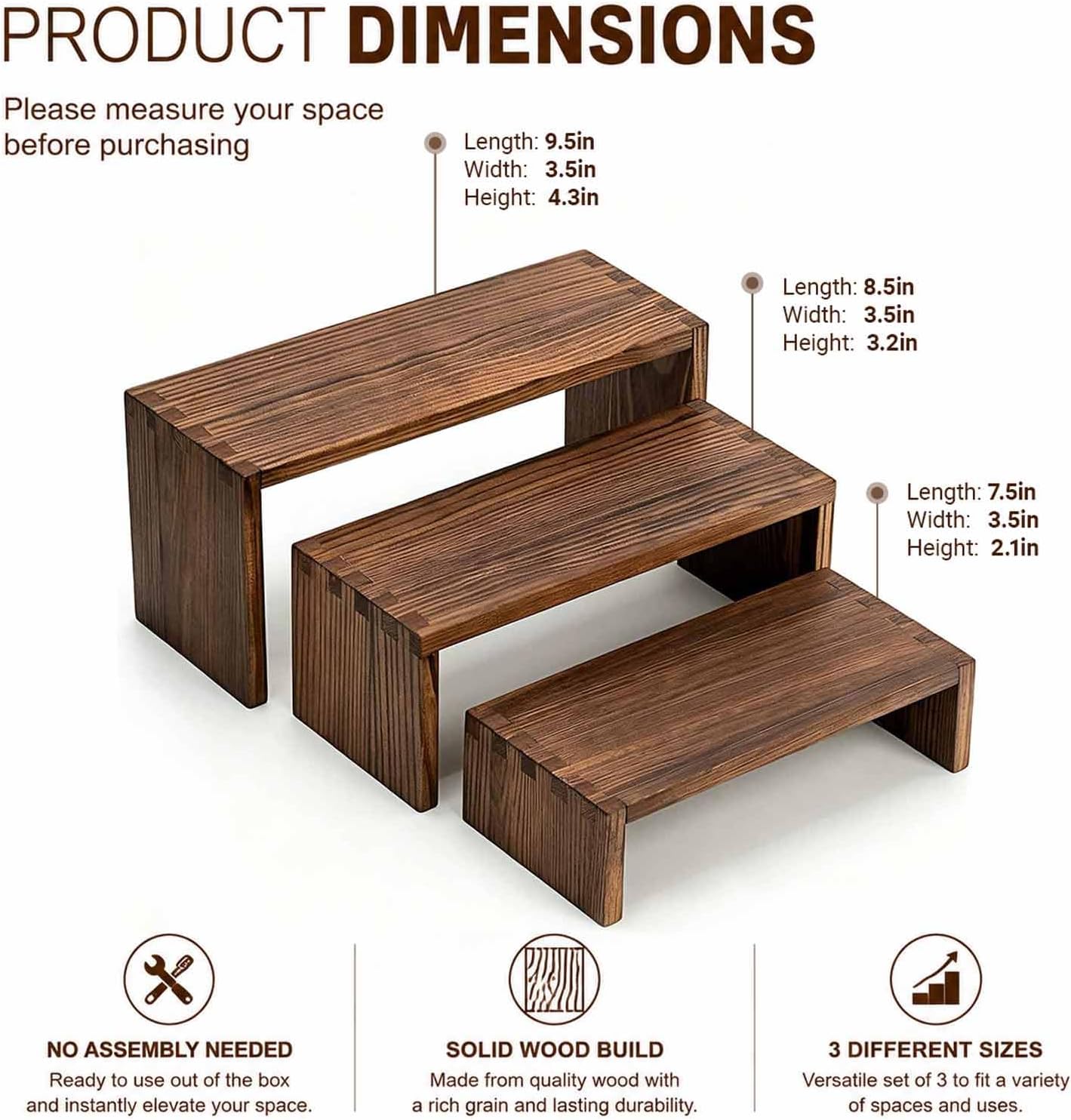 3-Tier Wooden Display Risers, Tiered Display Stand, Shelf Risers for Table Display, Small Wood Display Shelf (1