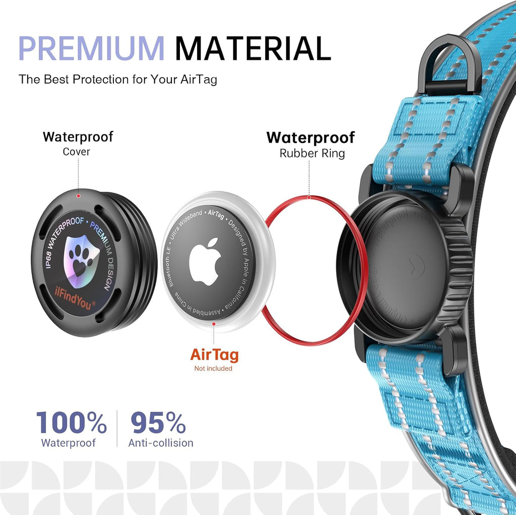 Dog Collar with AirTag Holder IP68 Waterproof Reflective Dog Collar, Blue M