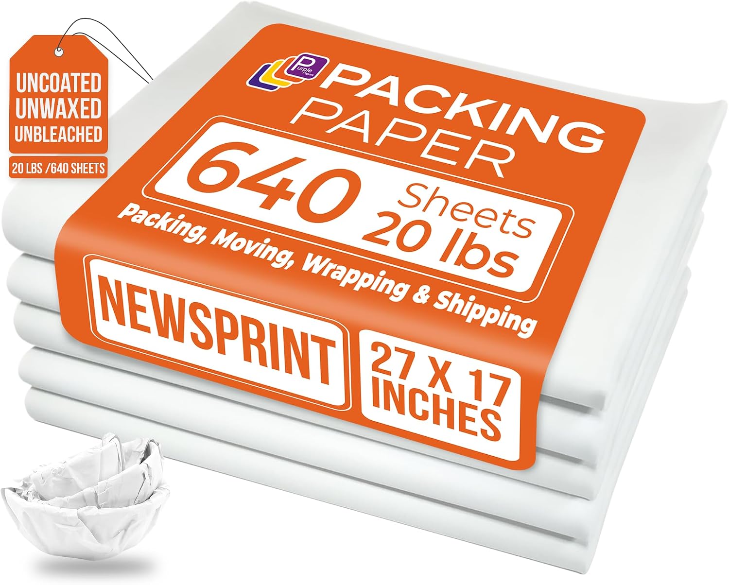 White Bulk Packing Paper Sheets for Moving | 640 sheets | 27" x 17" | 20 lb | Twin Pack | | Newsprint Wrapping Paper