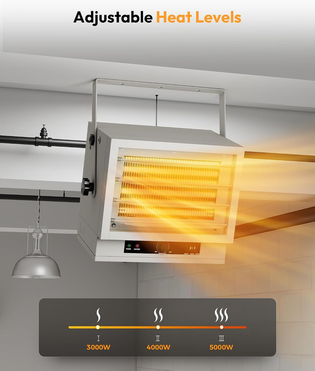 Electric Garage Heater for Indoor Use - 5000W, 240V Wall/Ceiling/Floor Mounted Shop Heater, Dual Overheat Protection