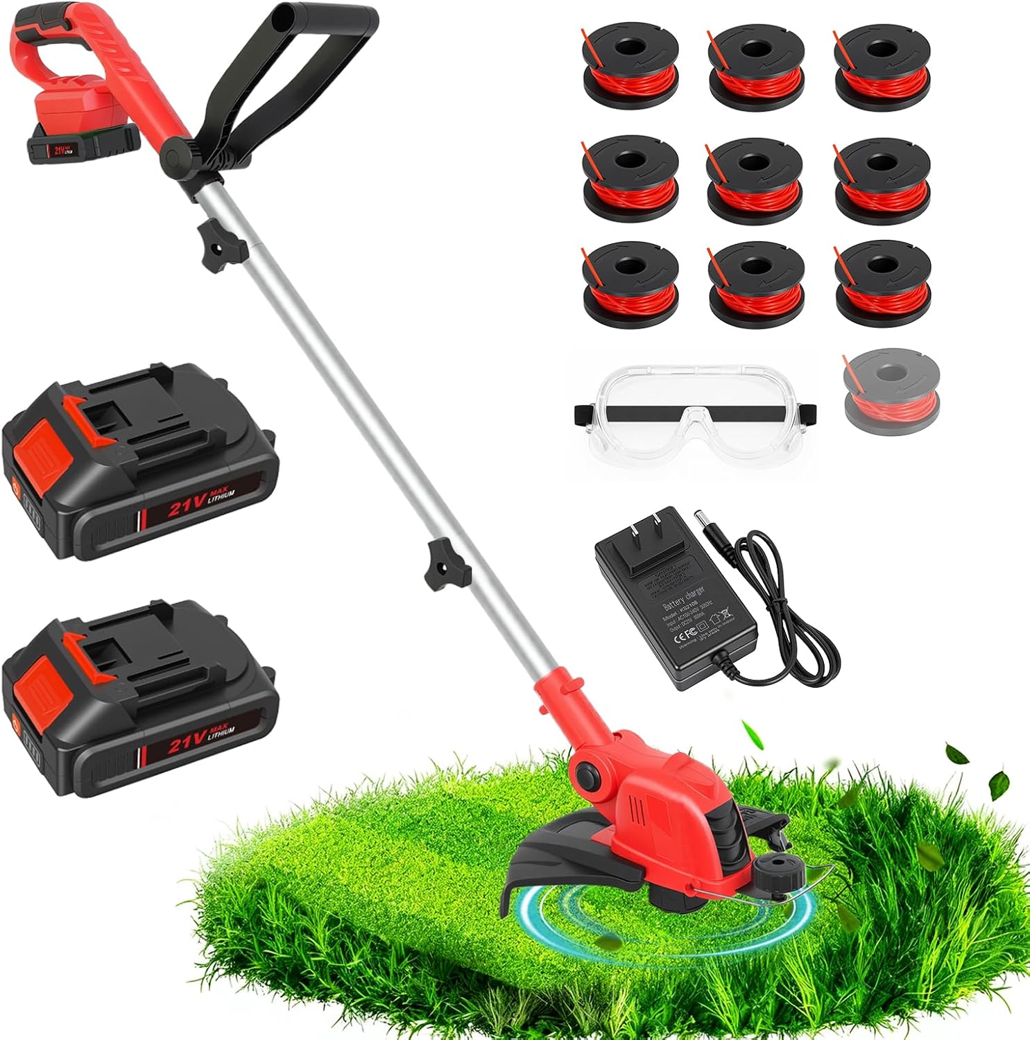 21V Electric Weed Wacker & Edger Lawn Tool Auto-Feed with 2.0Ah X 2 Battery | 12 Inch String Trimmer, 2-in-1 Weed
