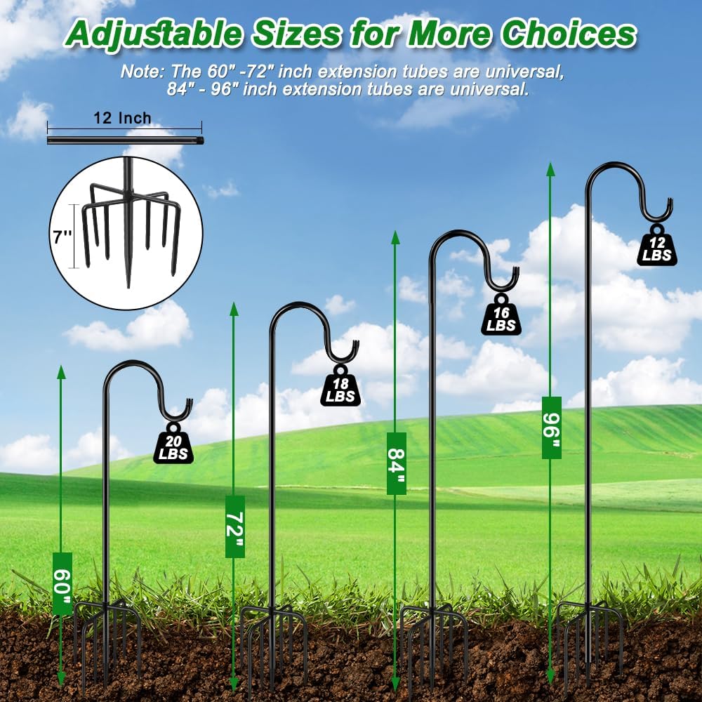 96" Shepherds Hooks for Outdoor, Heavy Duty Garden Bird Feeder Pole Hanging Bird Feeder, Solar Light Lanterns