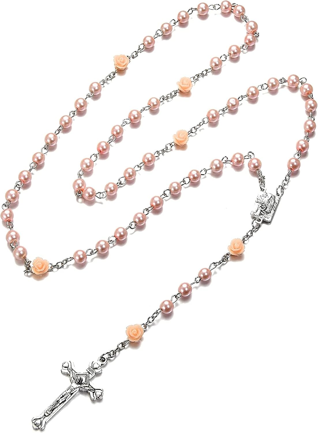 Rosary Beads Catholic Necklace Holy Soil Medal Cross Crucifix with Metal Box and 18pcs Prayer Cards