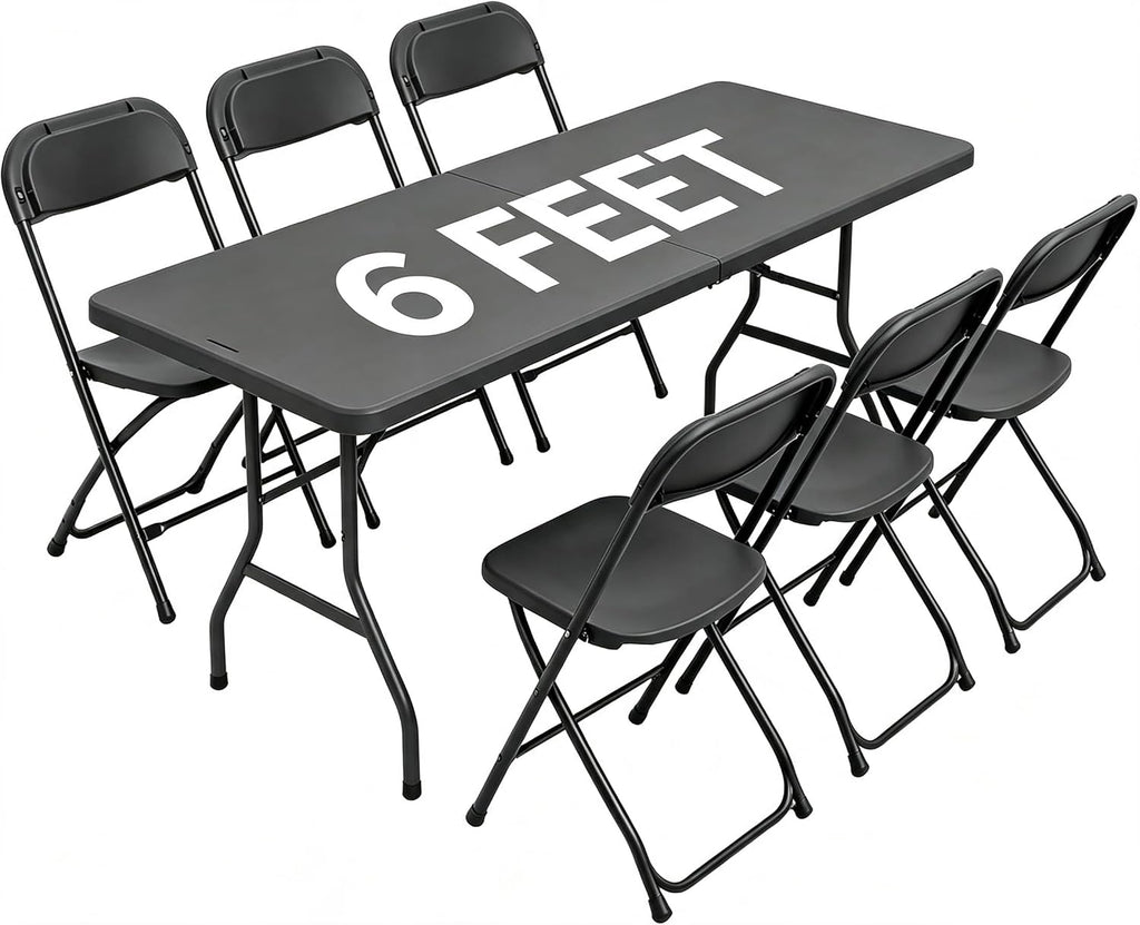 6FT Folding Table Set with 6 Plastic Folding Chairs, Black Heavy Duty Fold-in-Half Utility Table Chairs Sets for