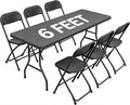 6FT Folding Table Set with 6 Plastic Folding Chairs, Black Heavy Duty Fold-in-Half Utility Table Chairs Sets for