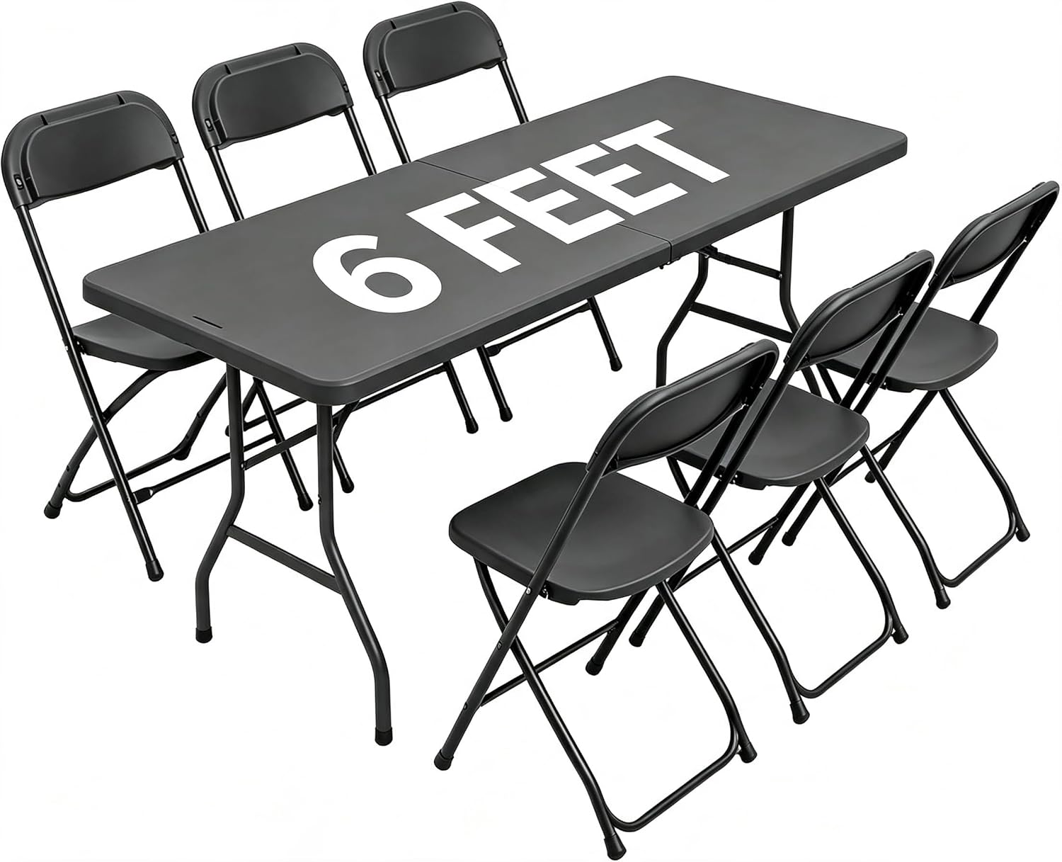 6FT Folding Table Set with 6 Plastic Folding Chairs, Black Heavy Duty Fold-in-Half Utility Table Chairs Sets for