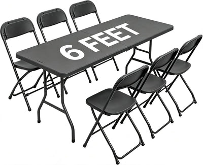 6FT Folding Table Set with 6 Plastic Folding Chairs, Black Heavy Duty Fold-in-Half Utility Table Chairs Sets for