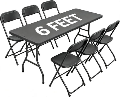 6FT Folding Table Set with 6 Plastic Folding Chairs, Black Heavy Duty Fold-in-Half Utility Table Chairs Sets for