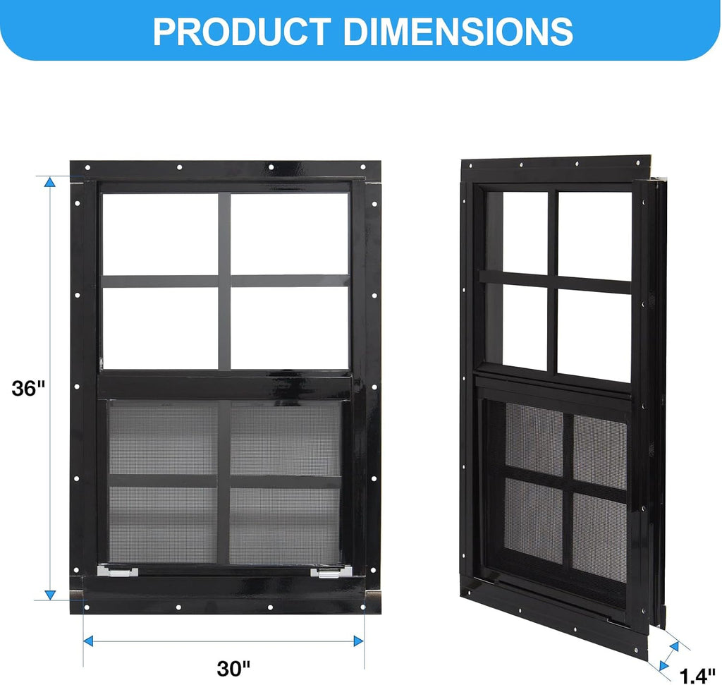 Upgraded Shed Windows 2 Pack, 30" x 36" Windows with Tempered Glass and Stainless Steel Screen for Shed, Chicken