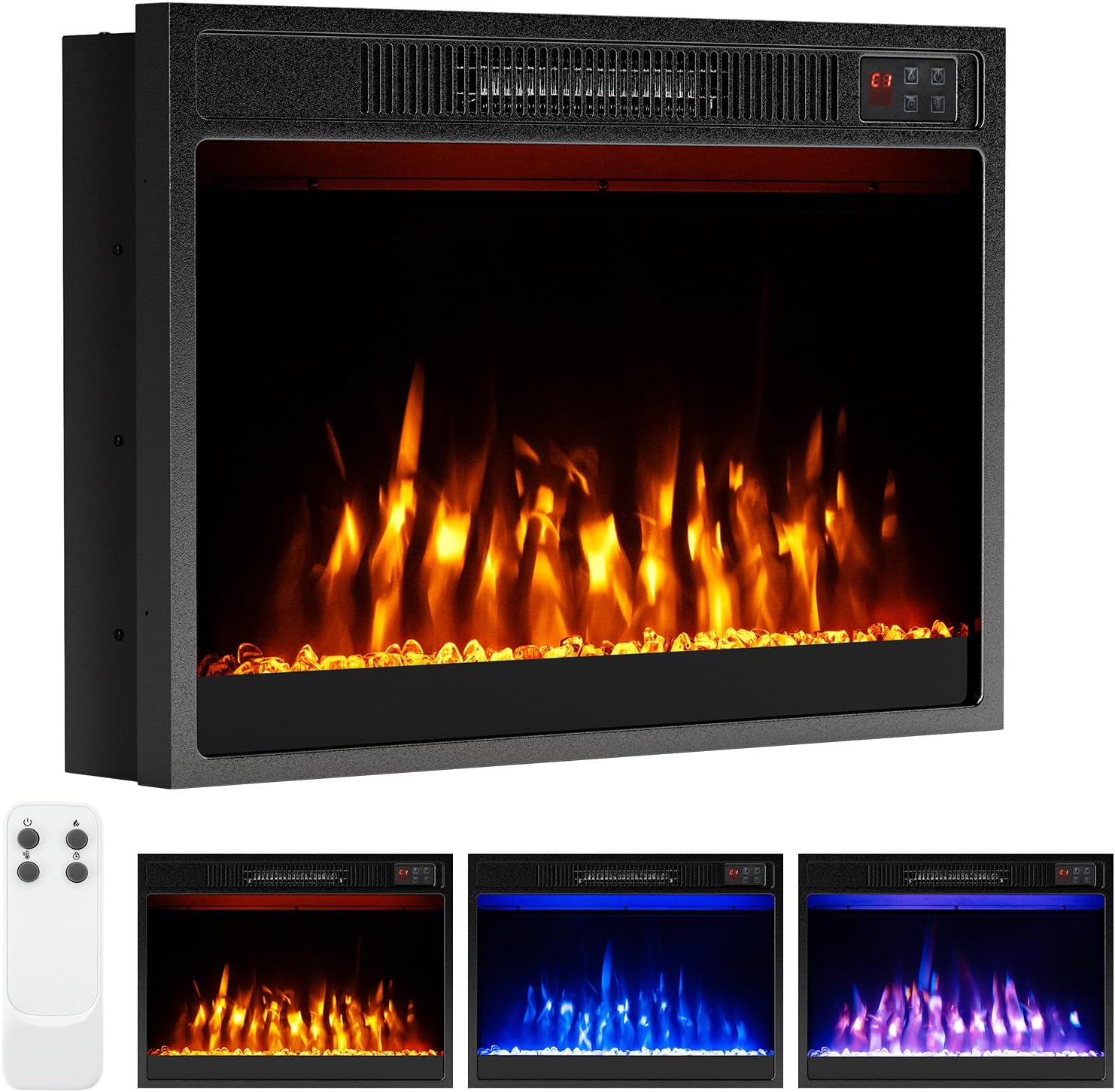 23-inch Electric Fireplace Inserts - 750W/1500W Fireplace Heater w/3 Flame Color, Adjustable Crystal Brightness
