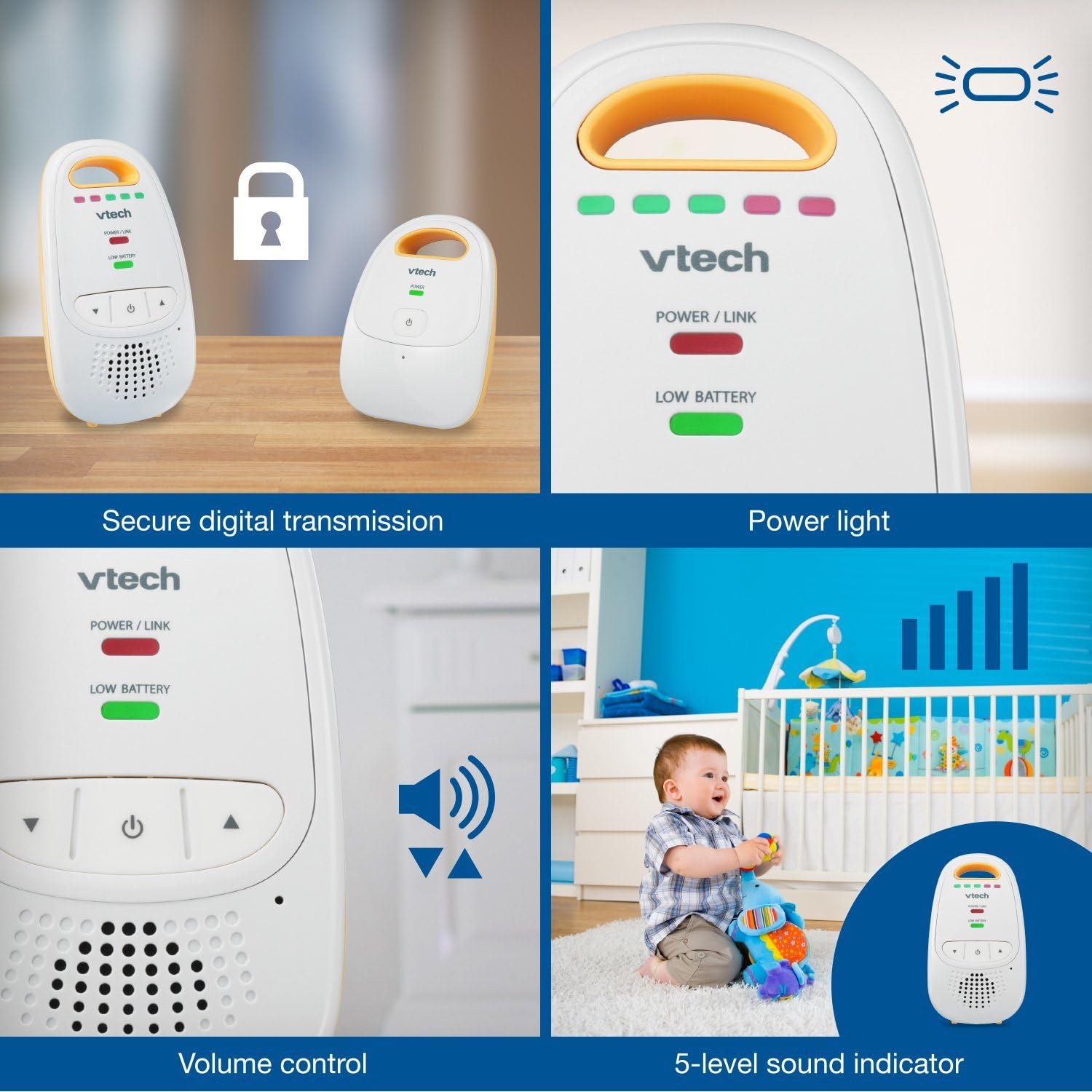 Audio Baby Monitor — No Static DECT 6.0, No WiFi, Hack-Proof | 8Hr Battery, Belt Clip, 1000ft Range, 5-Level Sound