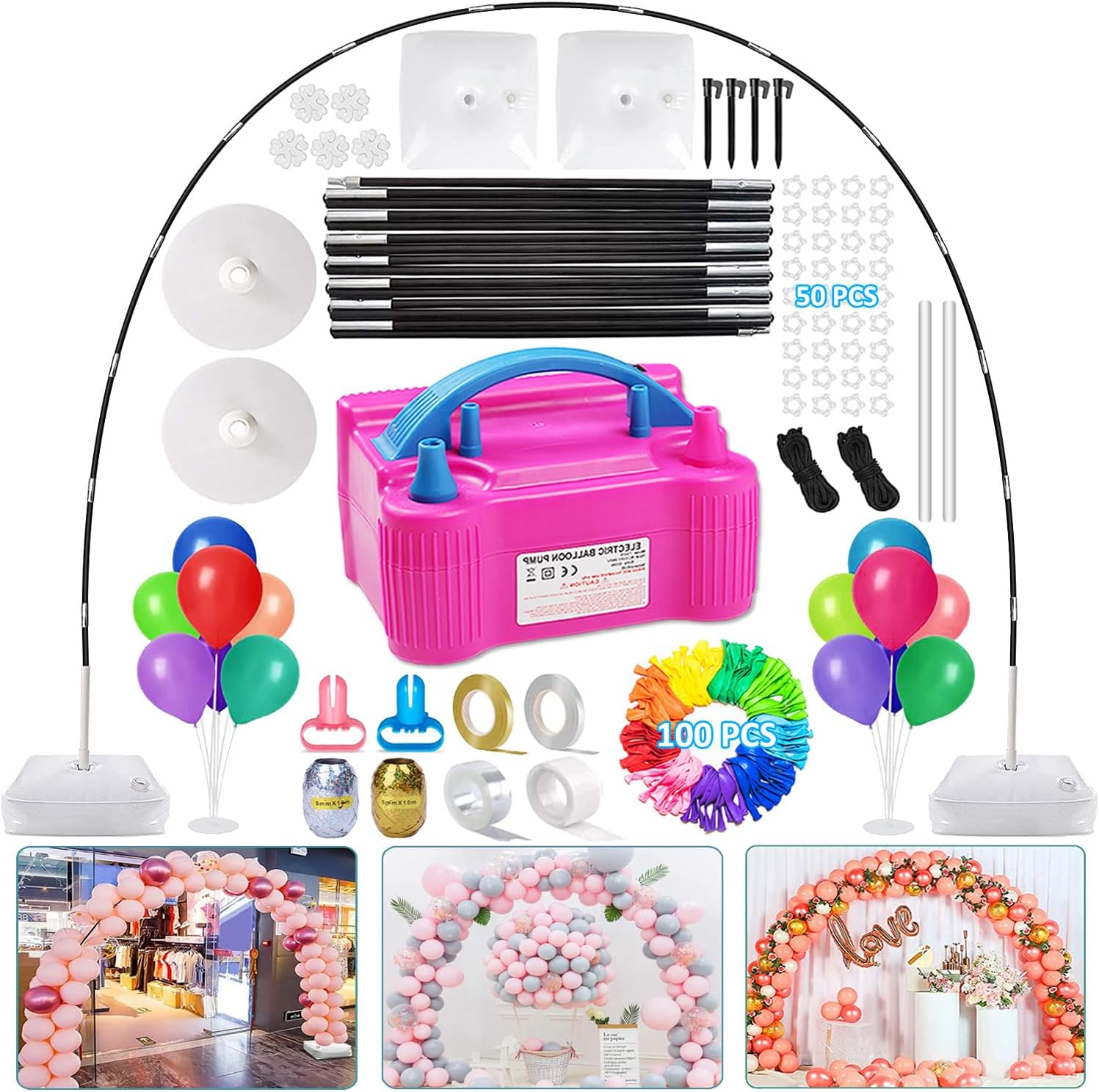 Balloon Arch Kit and Balloon Pump Electric, 10ft Wide Adjustable Balloon Arch Stand With 100Balloons 2Balloon Stands