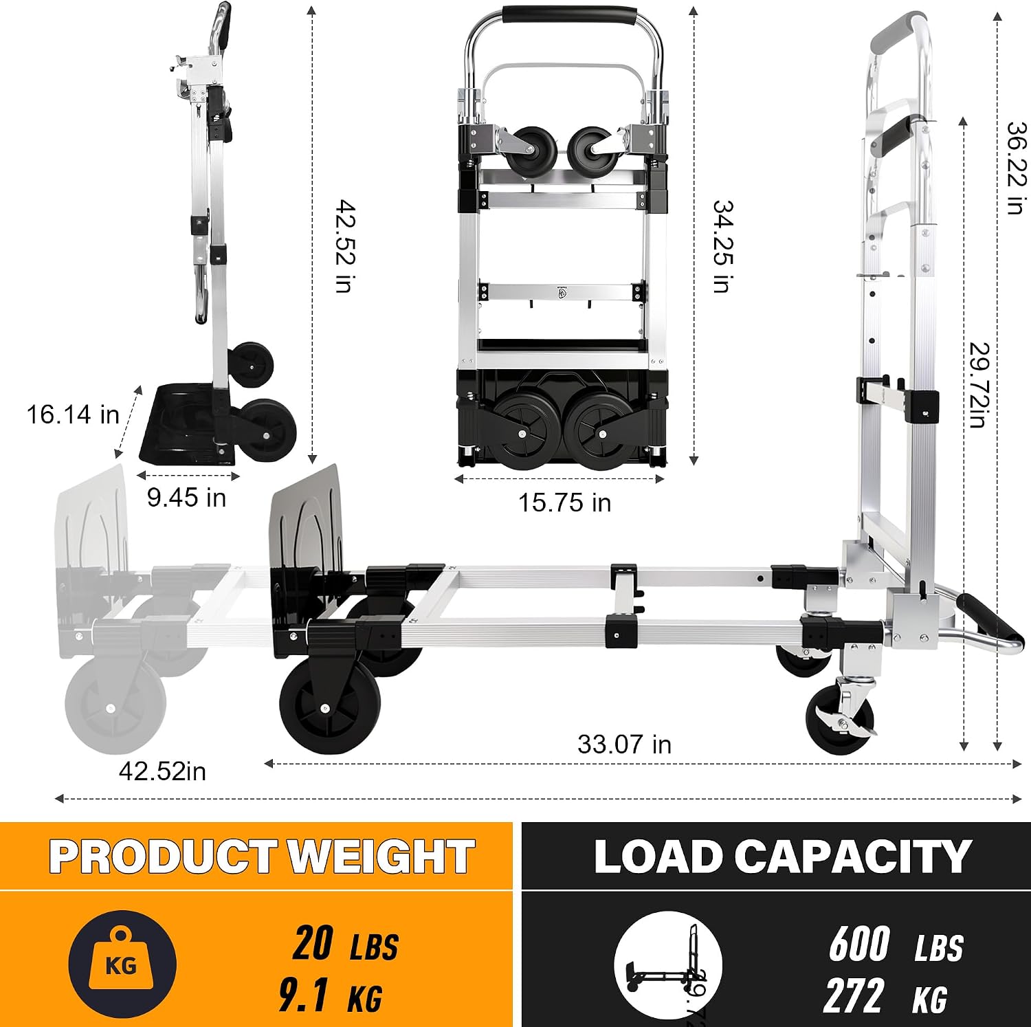 3 in 1 Convertible Hand Truck Hand, Folding Hand Truck with 2 Straps | 600 LBS Break Strength Convertible Dolly, 4