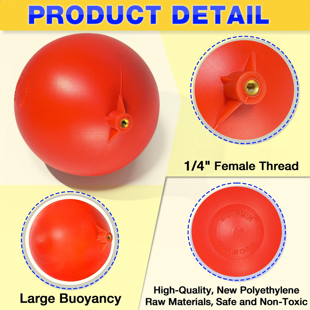 Shawmin 6" Float Ball Replacement, 1/4"-20 Female Thread for Float Valve