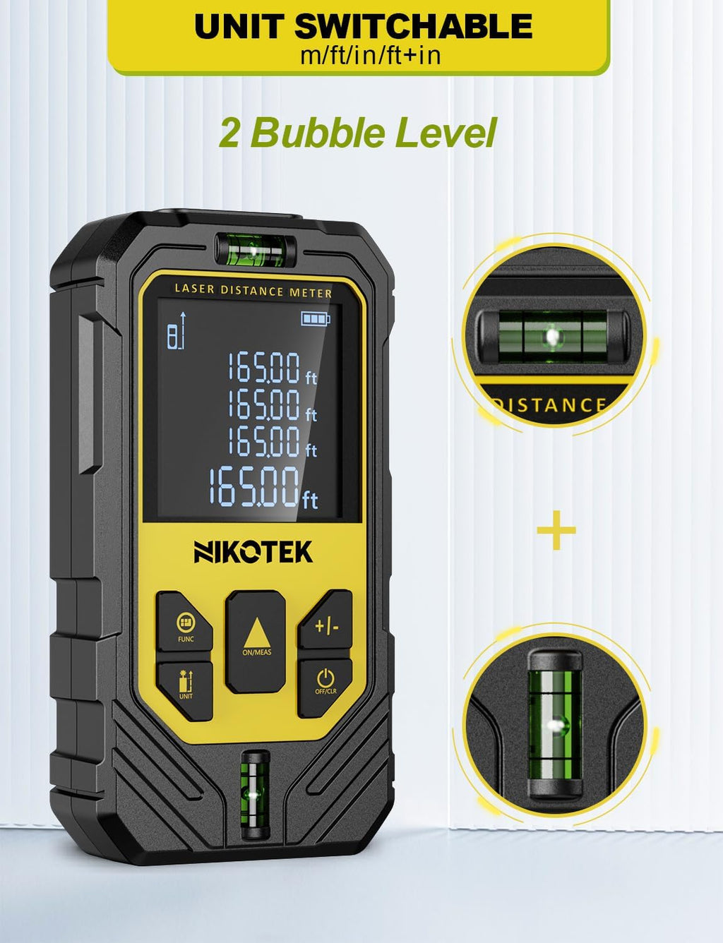 Laser Measure, NIKOTEK Laser Distance Meter with 2 Bubble Levels and LCD Backlit