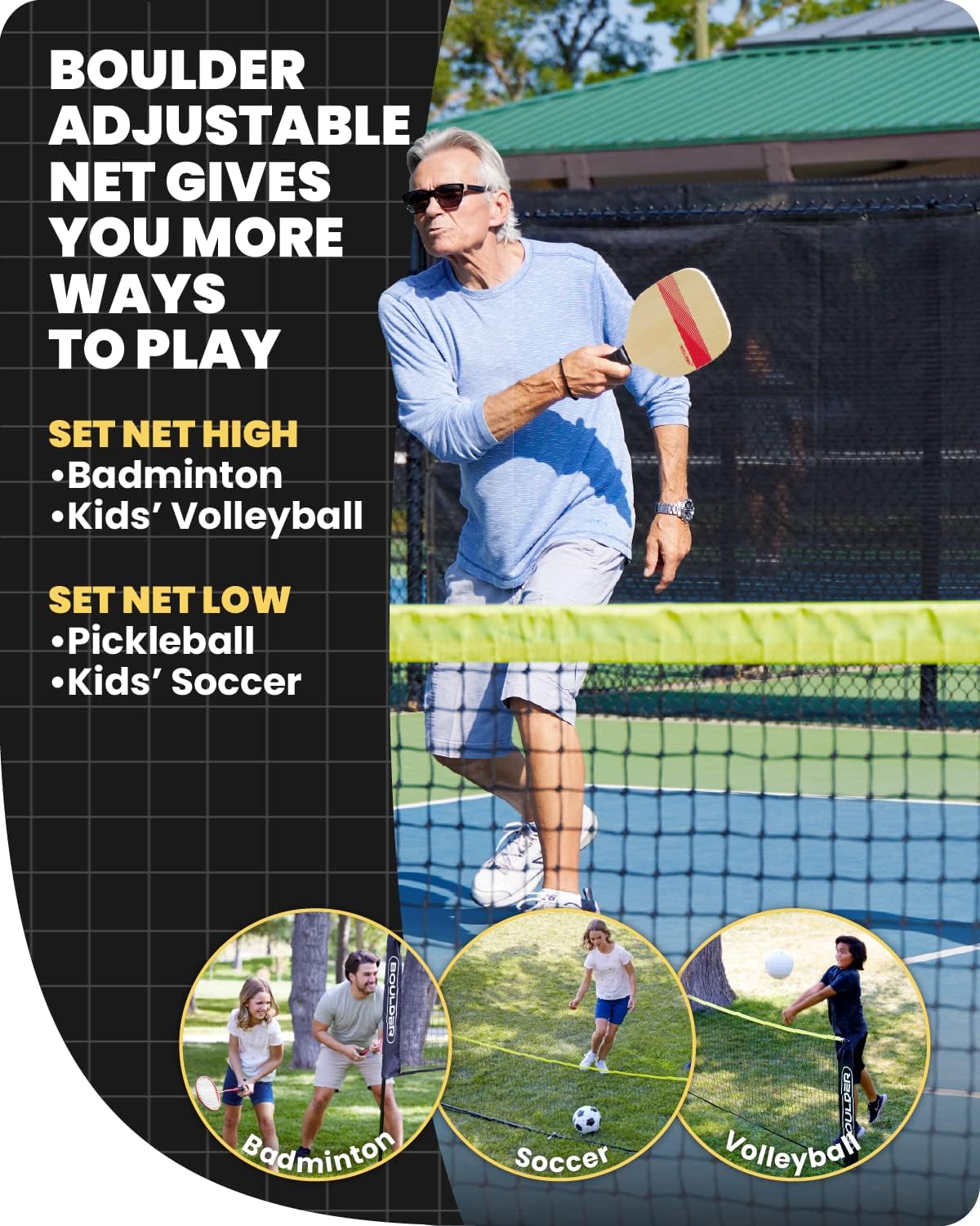 Portable Badminton Pickleball Net - Foldable/Extendable Poles for Multiple Sports Heights (UP to 5 ft) - Ideal for