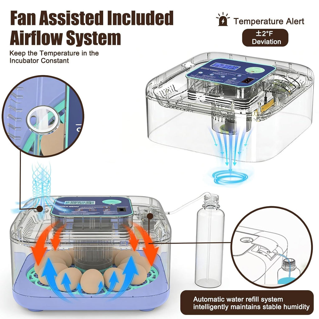 Incubators for Hatching Eggs, Smart Egg Incubator with Humidity & Temp Control and Auto Turner, 360° View Incubadora