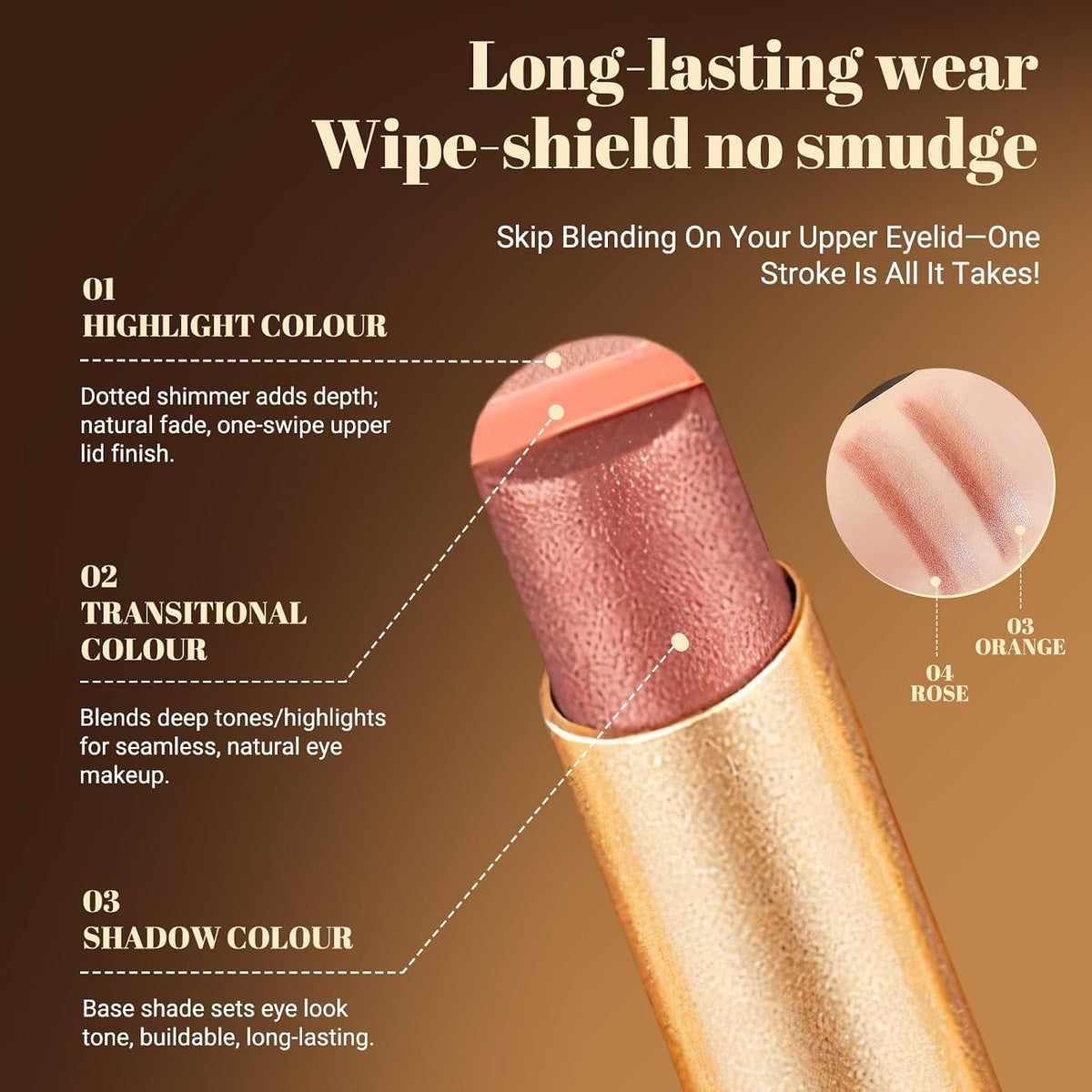 Vevivia 2-Pack 3-Color Eyeshadow Sticks, Waterproof Rose & Orange Shimmer