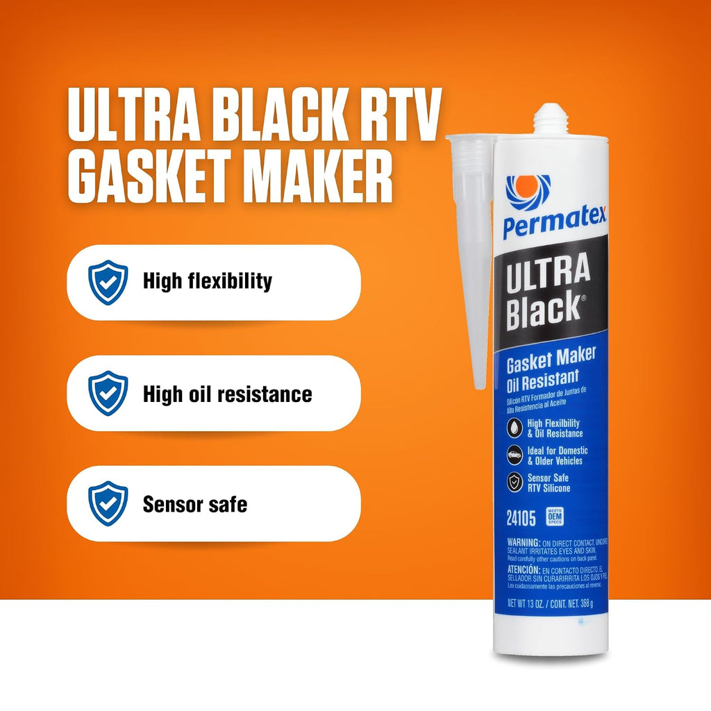 Permatex 24105 Ultra Black Maximum Oil Resistance RTV Silicone Gasket Maker, Sensor Safe and Non-Corrosive, for High Flex and Oil Resistant Applications 13 oz