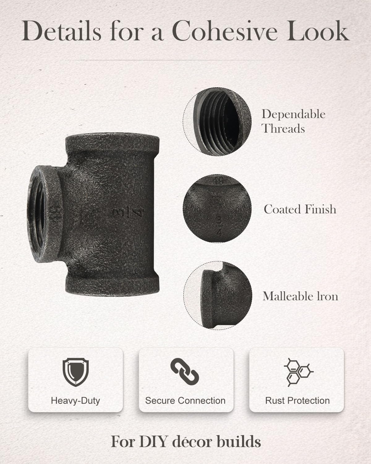 3/4" Malleable Cast Iron Pipe Tees 10 PACK