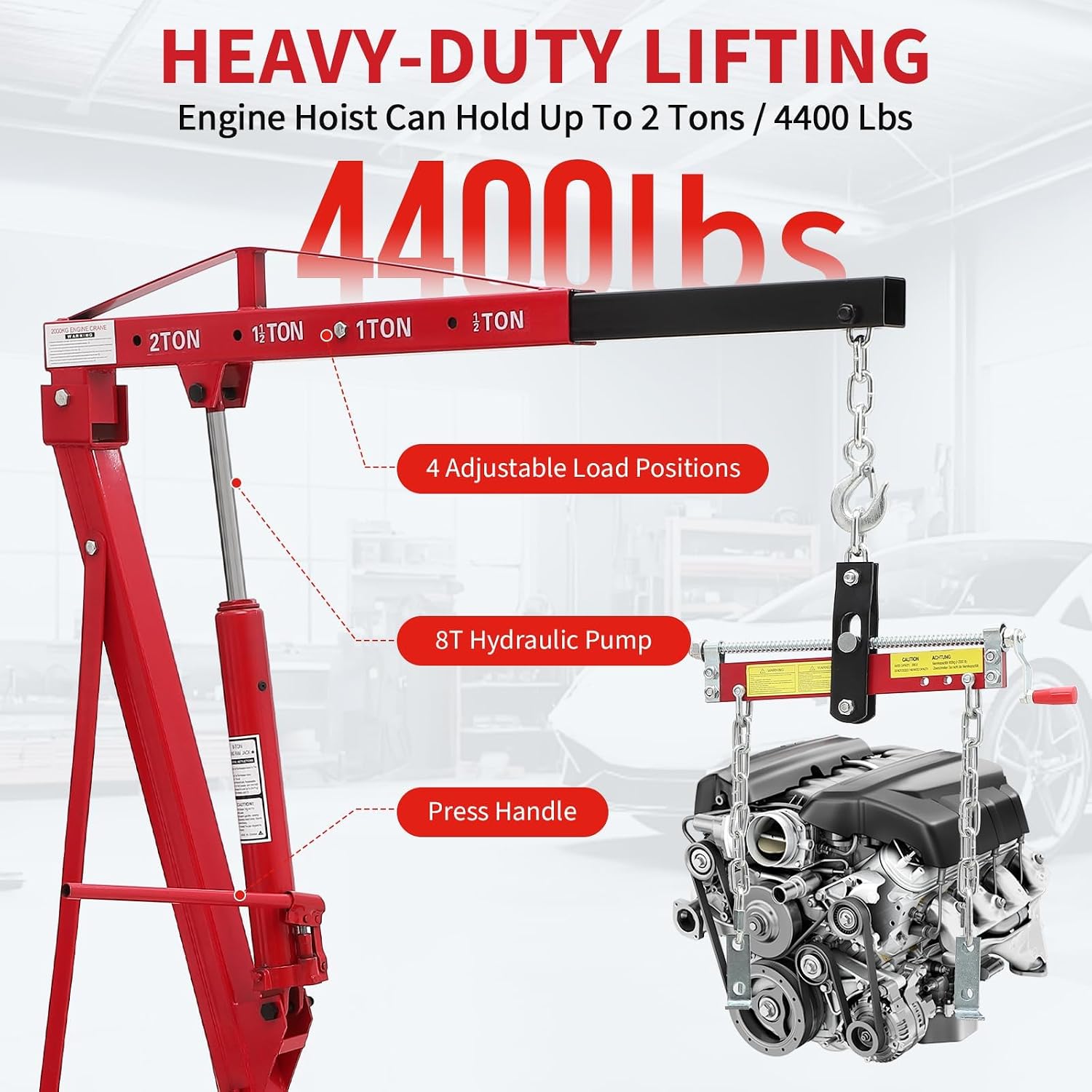 2 Ton Hydraulic Engine Hoist, 4400 LBS Folding Cherry Picker Crane with Adjustable Boom & Load Leveler, 6 Swivel