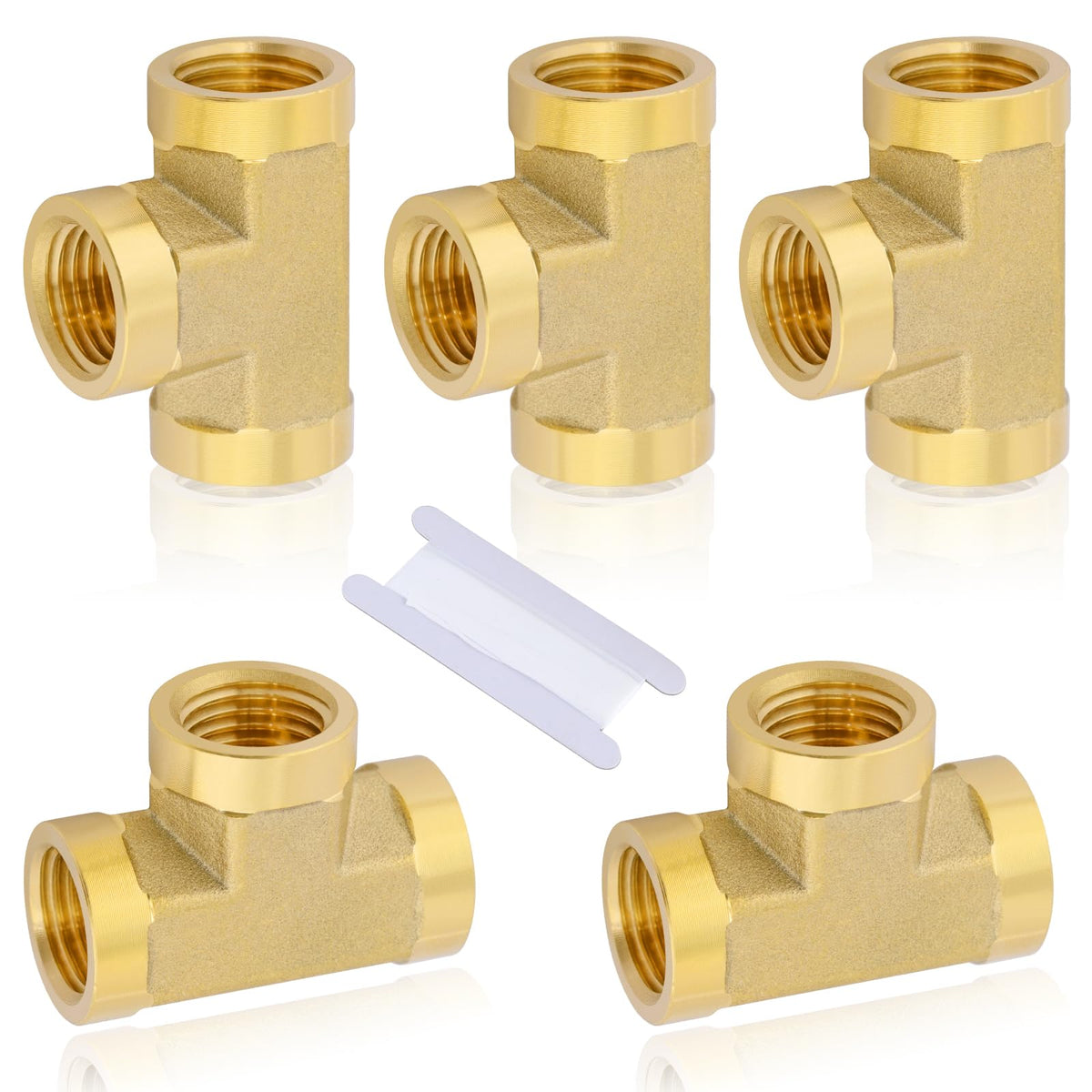 5PCS 1/4" NPT Female Brass Tee Fitting with Teflon Tape, 3-Way Pipe Fitting